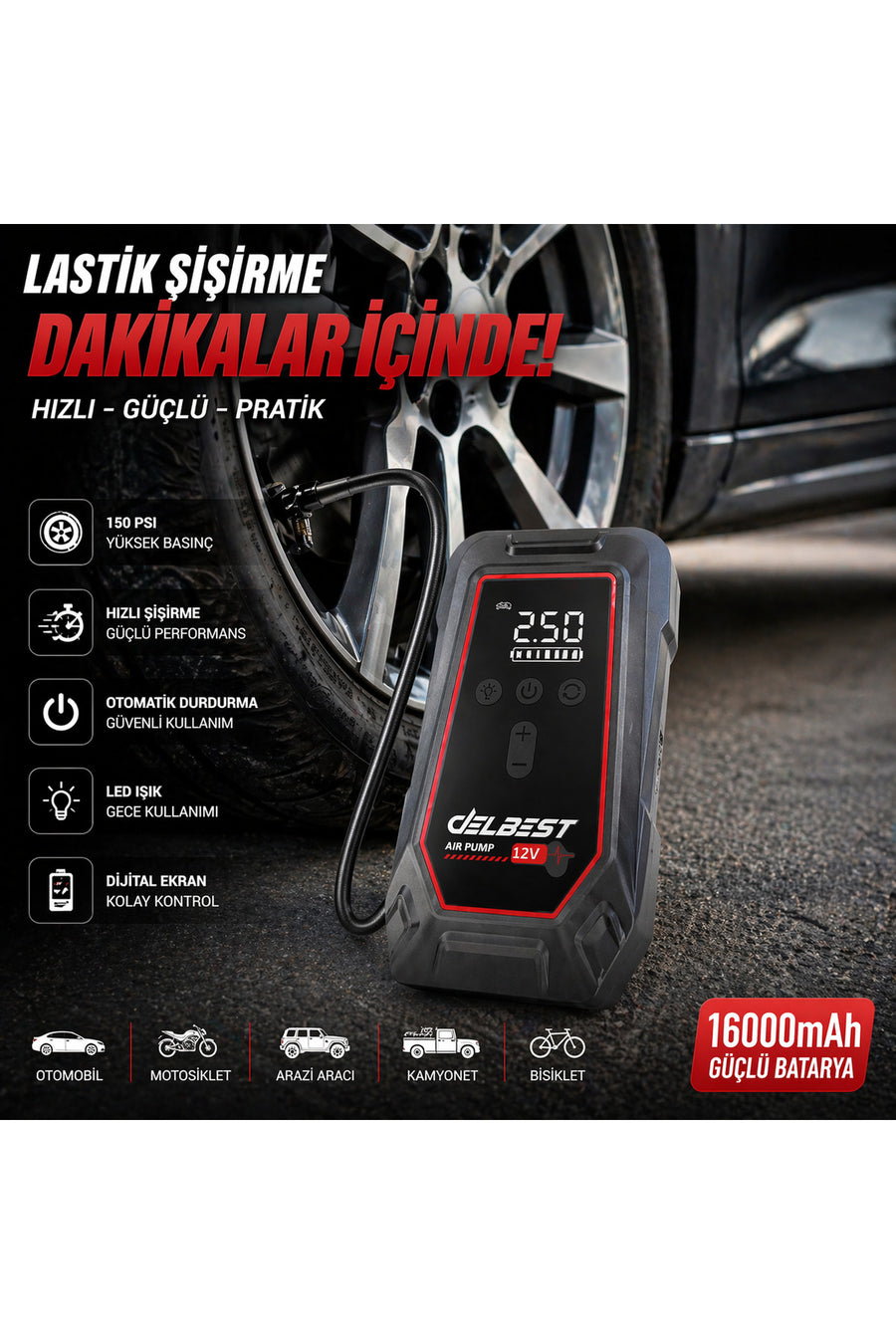 AZEQ DELBEST K5 Akü Takviye Cihazı Hava Kompresörü 16000mAh 150 PSI Jump Starter Powerbank 12V
