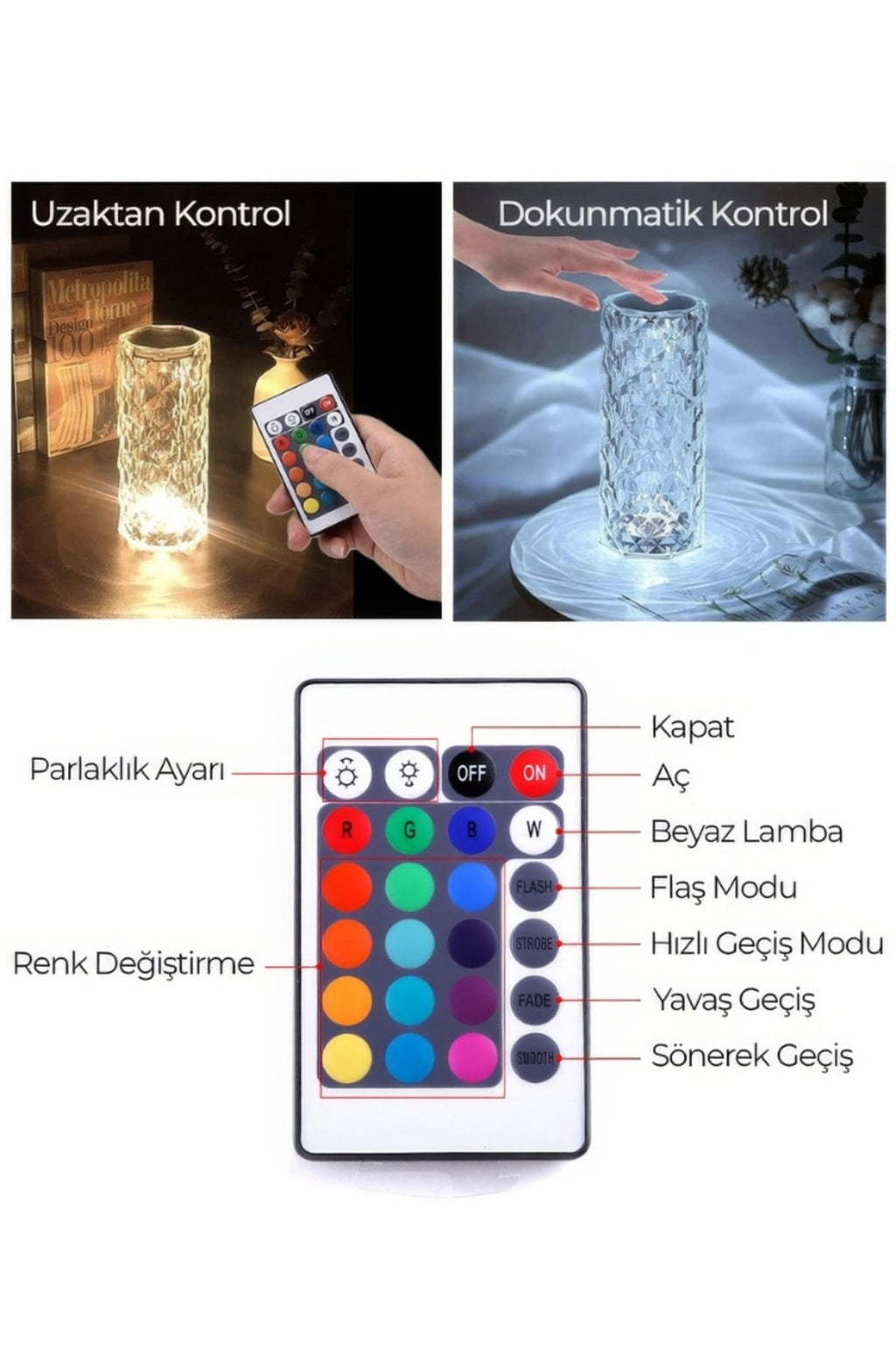 ALFAGİFT DokunmatikristalED RGB Masa Lambası-Uzaktan Kumandalı Dekorasyon Lambası-USB Şarjlı - Görsel 5