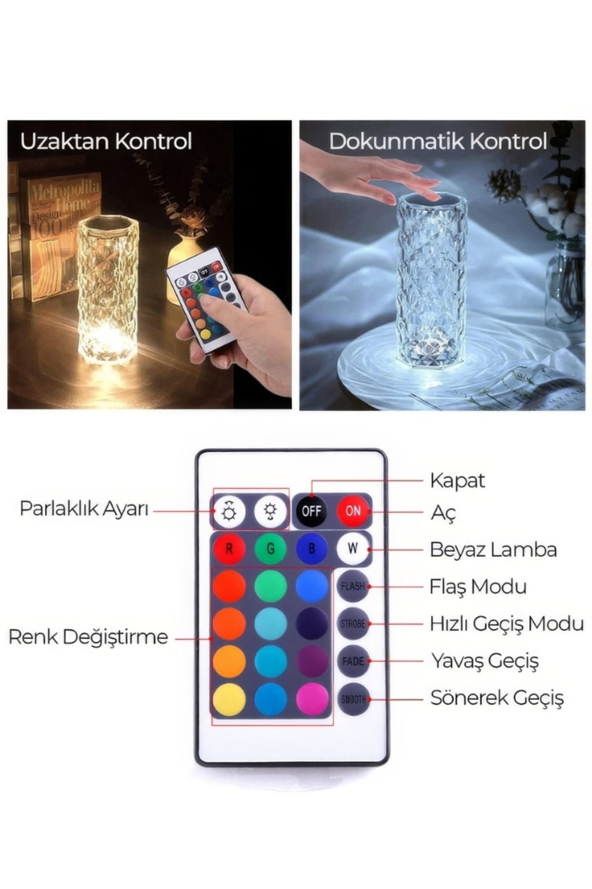 ALFAGİFT DokunmatikristalED RGB Masa Lambası-Uzaktan Kumandalı Dekorasyon Lambası-USB Şarjlı - Görsel 5