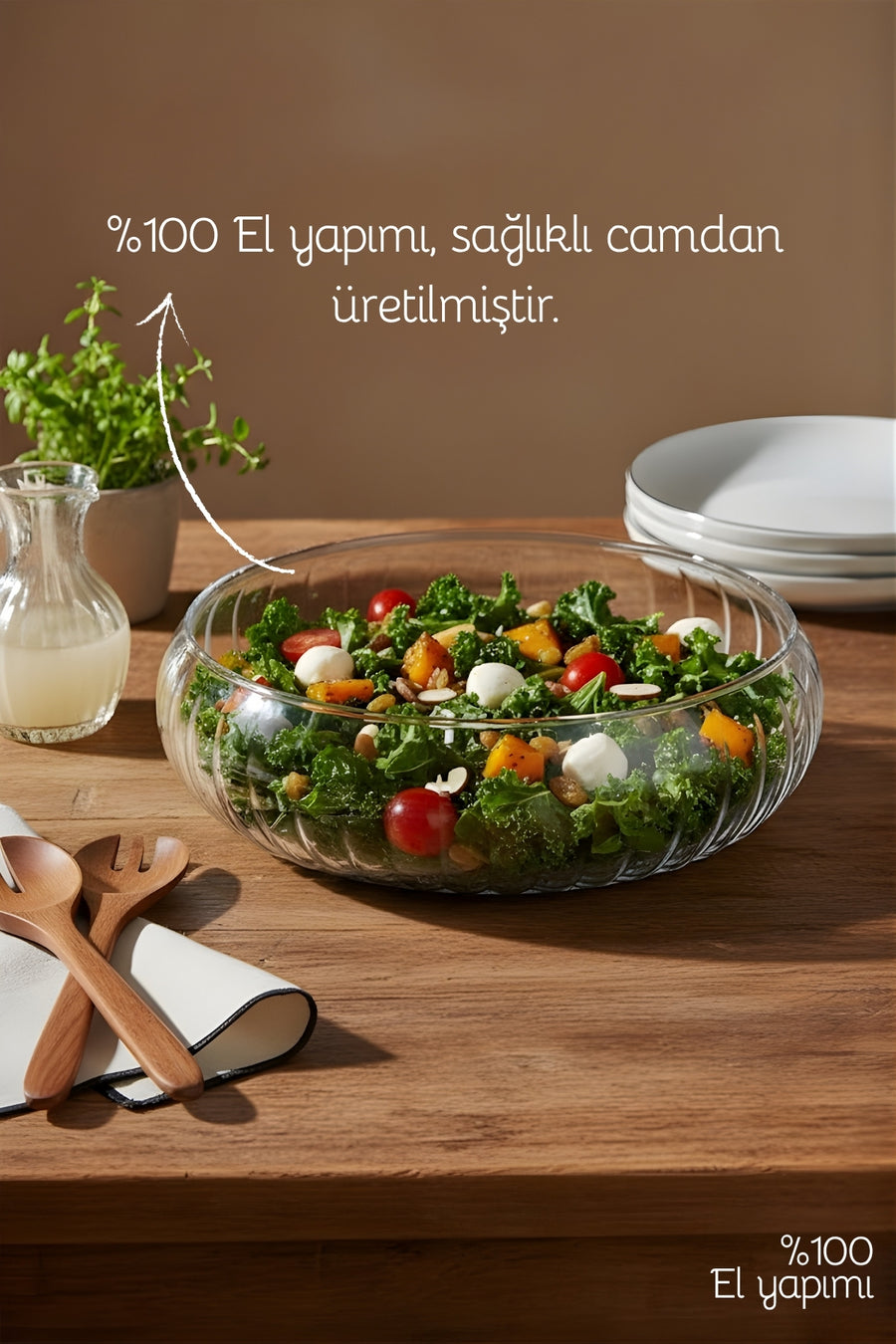 Nandy Home Büyük Boy Cam Salata Kasesi - İskandinav Tarz Kase - Şeffaf Kase