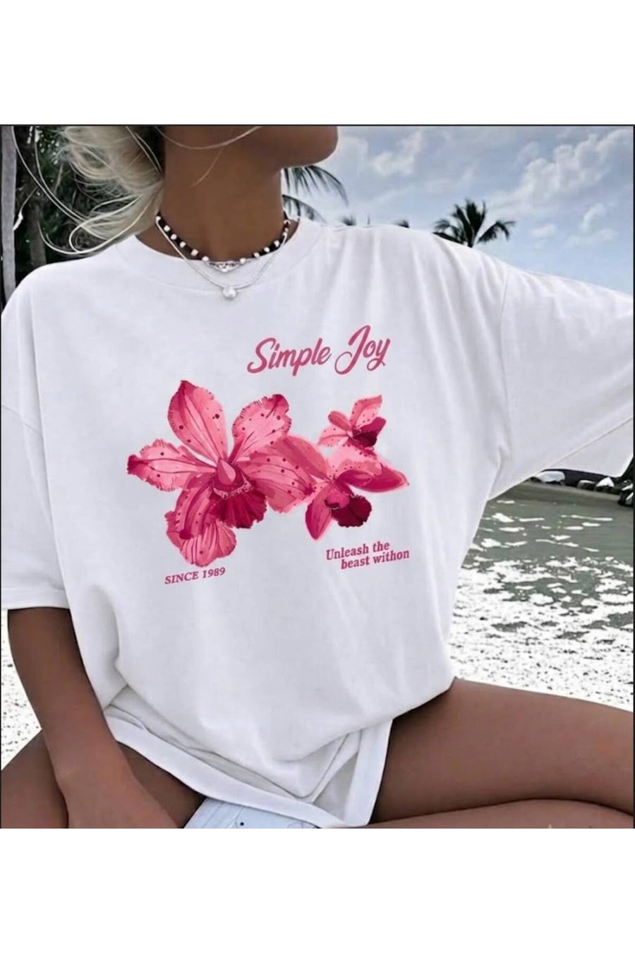 Marco Fresco Günlük Kısa Kollu Simple Joy Baskılı Genç Oversize Tshirt - Beyaz-Pembe