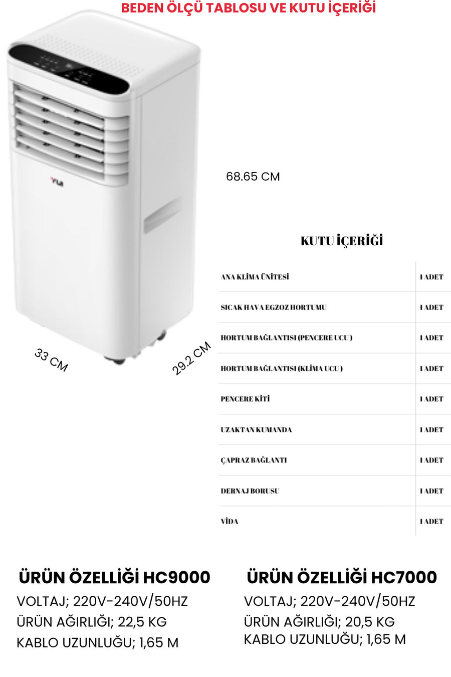 Yui HC9000 9000 BTU Soğutmalı & 7848 BTU Isıtma Portatif Klima (Uzaktan Kumandalı)