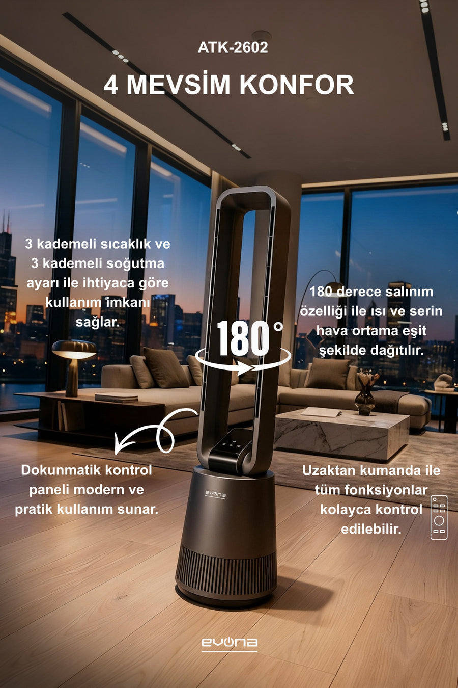 evona AuraHeat Elektronik Fanlı Isıtıcı & Soğutucu Klima, Taşınabilir,Uzaktan Kumanda, Sessiz Güç