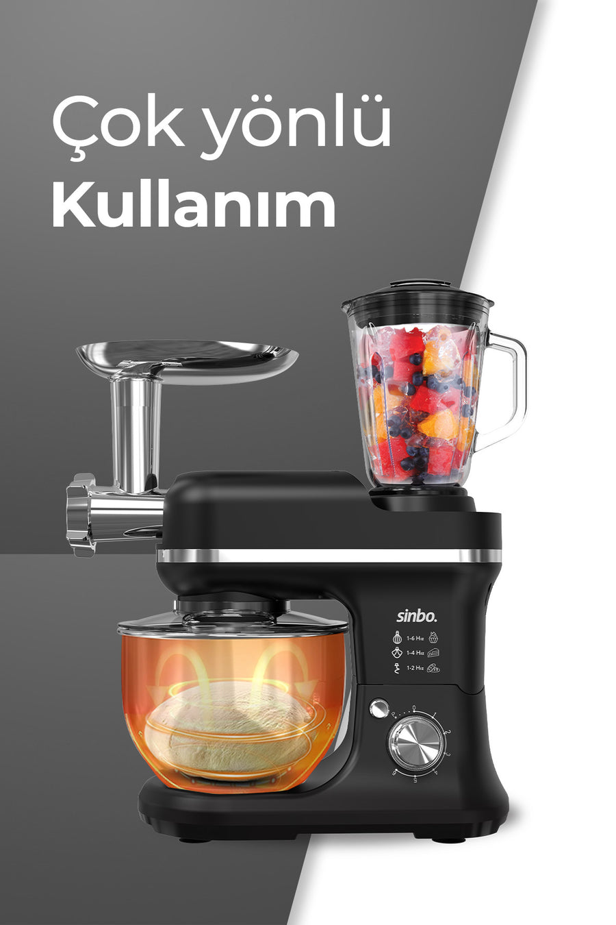 Sinbo SMX-2772 Çok Amaçlı 3ın1 Mutfak Şefi Hamur Yoğurma Kıyma Makinesi Sürahi Blender 1200w - Siyah