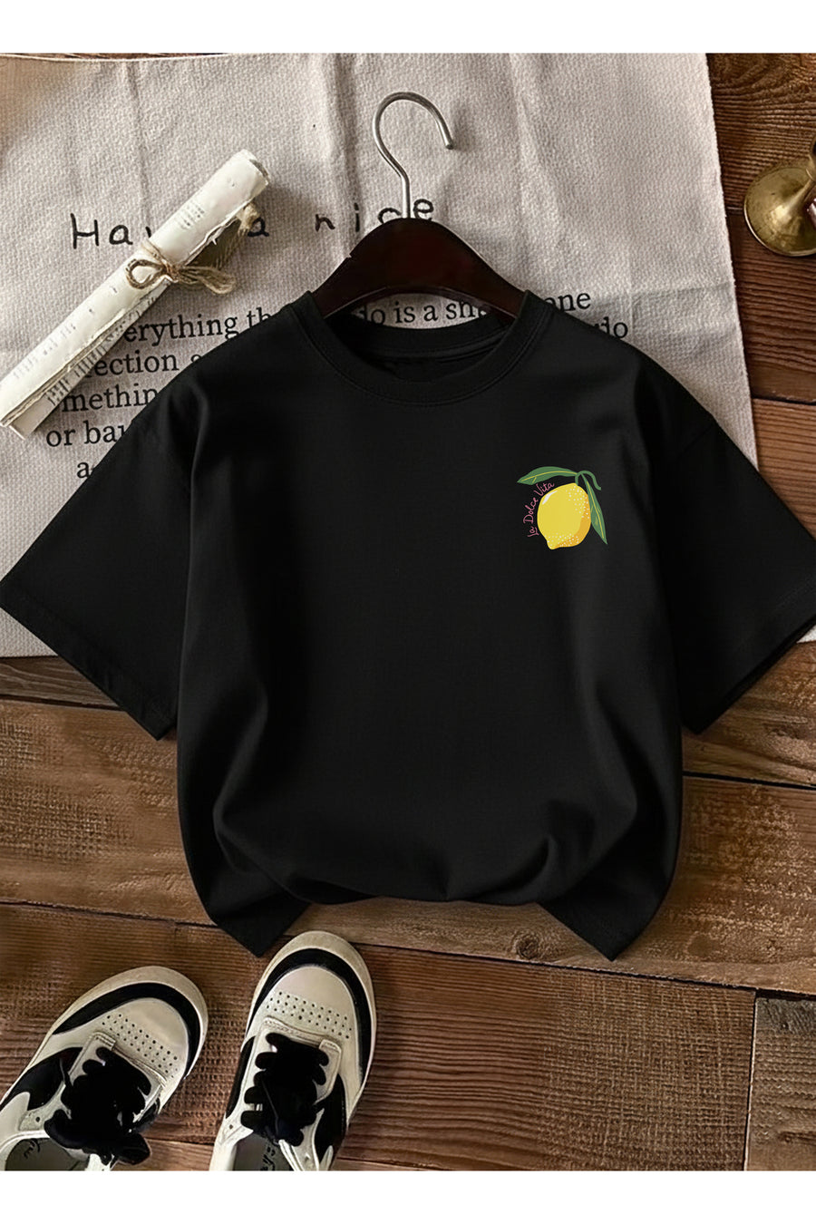 caddekombin Kadın Çift Taraf Limoncello Baskılı Bej T-shirt - Siyah