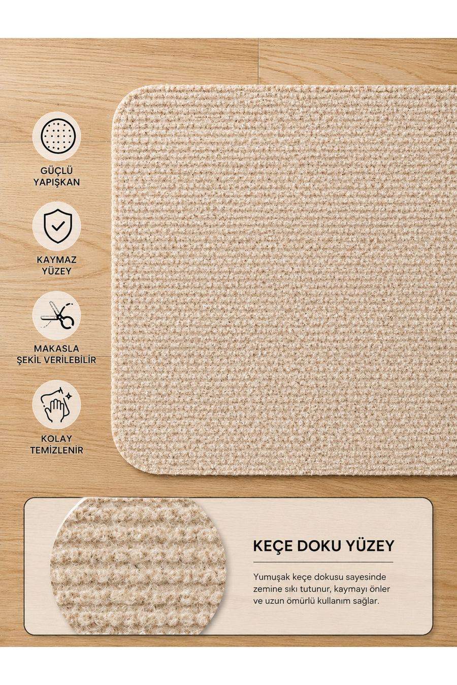 Arnee Altı Tam Yapışkanlı Kaydırmaz Basamak Halısı Pratik Kaymaz Dublex Ev Ahşap Merdiven Halısı Bej 20x75cm - Bej / Açık Kahve Rengi