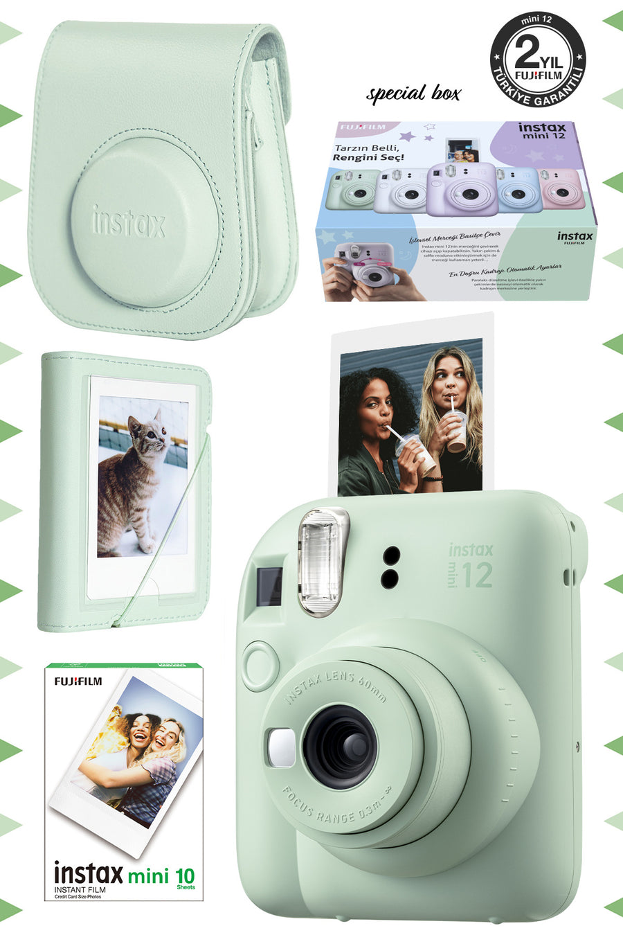 Fujifilm Instax Mini 12 Lila Fotoğraf Makinesi-10'lu Film-Mini Albüm ve Deri Kılıf Seti - Yeşil