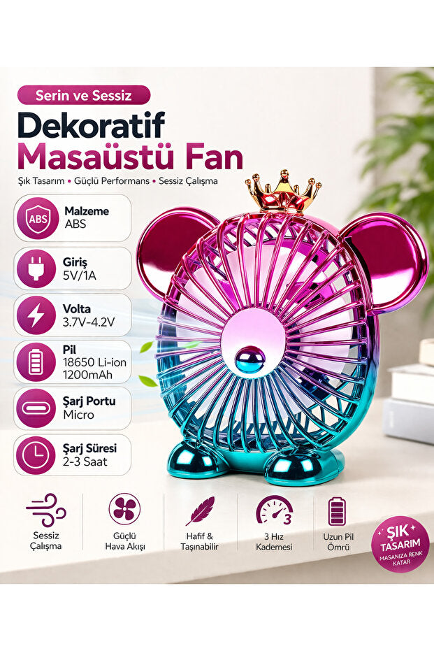 XİRA USB Şarjlı Dekoratif Masaüstü Fan 1200mAh Sessiz Mini Vantilatör 3 Kademeli - Mor