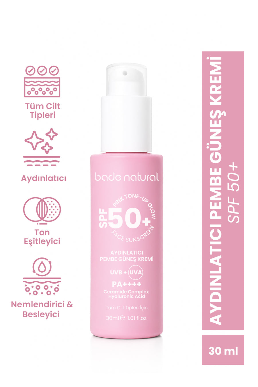 Bade Natural 50 Spf+ Aydınlatıcı Pembe Güneş Koruyucu Krem 30 ml - Pembe