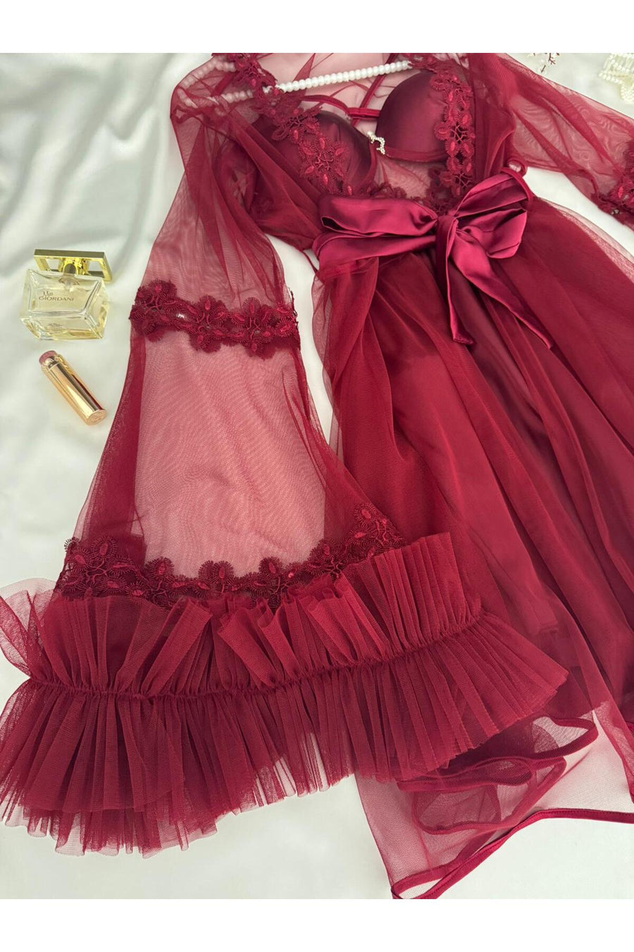 MH Moony Homewears Kutulu 12'li Parça Pause Bordo Saten Pijama Gecelik Sabahlık Iç Giyim Çeyiz Seti - Bordo Renk