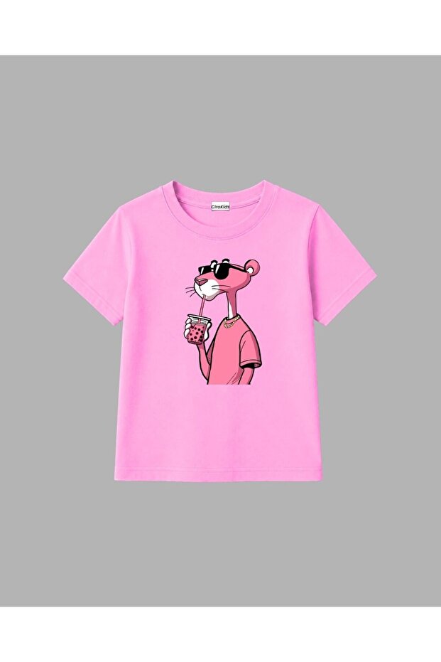 cirokids %100 Pamuklu Unisex Pembe Panter Baskılı Çocuk Tişört