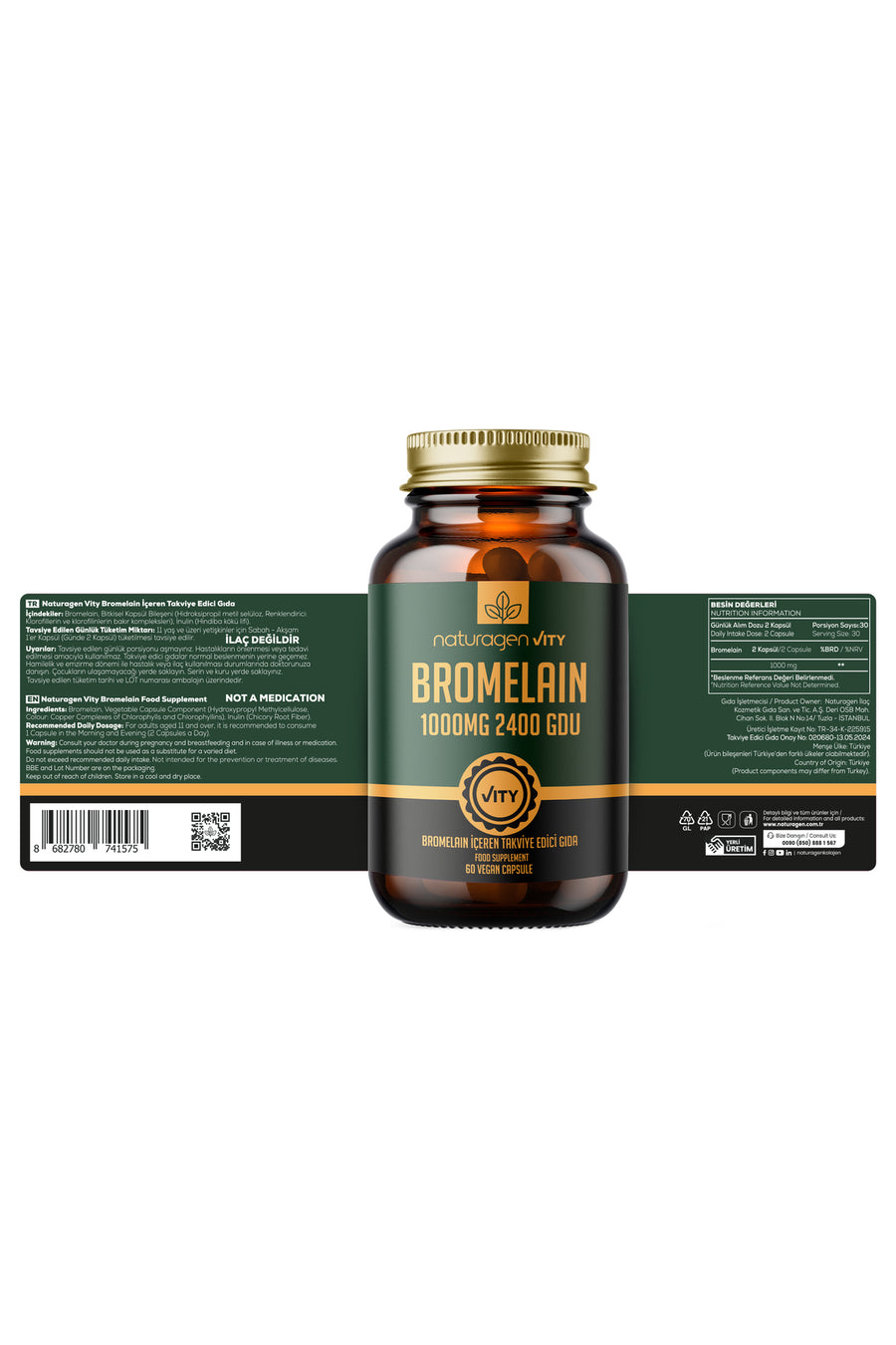 Naturagen Bromelain 2400 GDU 1000 mg 60 Kapsül | Ananas Kaynaklı Enzim | Yüksek Enzim Aktivitesi