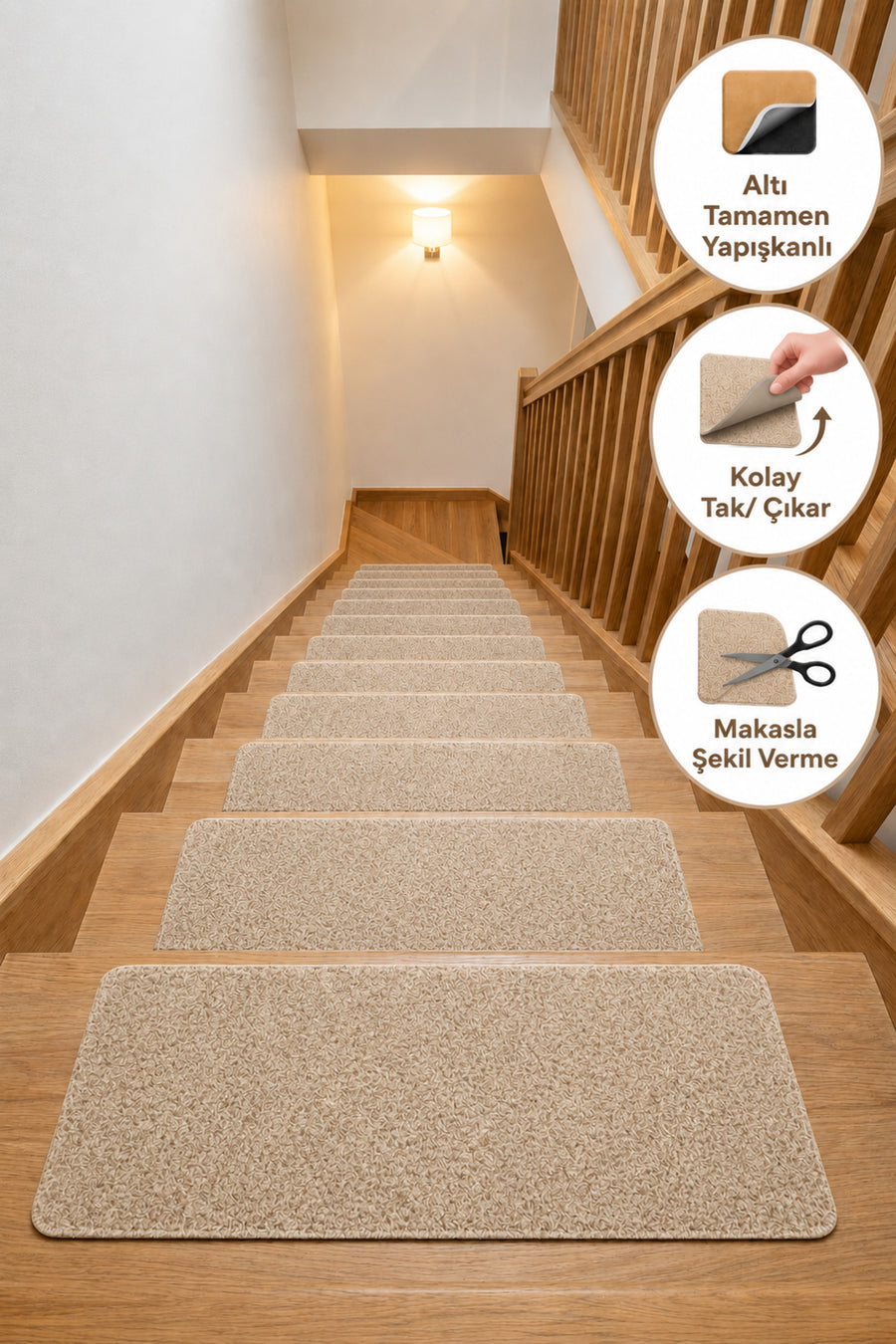 Arnee Altı Tam Yapışkanlı Kaydırmaz Basamak Halısı Pratik Kaymaz Dublex Ev Ahşap Merdiven Halısı Bej 20x75cm - Bej / Açık Kahve Rengi