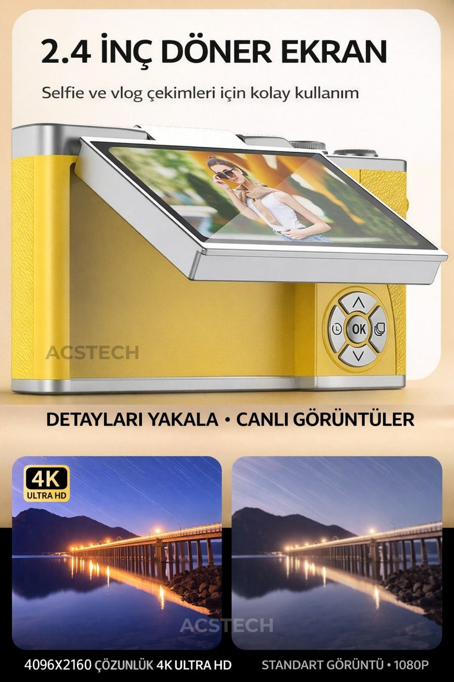 ACSTECH 4K Dijital Fotoğraf Makinesi 48MP Flip Ekran 18X Zoom Flaşlı 64GB Hediyeli Türkçe Menü - Pembe