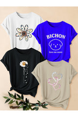 uyguntarz Unisex Karışık Baskılı Tişört Seti – 4'lü Paket Bisiklet Yaka Günlük T-Shirt - Shirt
