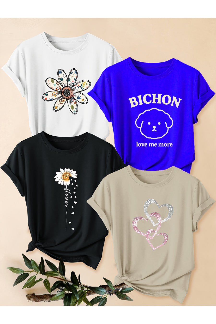 uyguntarz Unisex Karışık Baskılı Tişört Seti – 4'lü Paket Bisiklet Yaka Günlük T-Shirt - Shirt