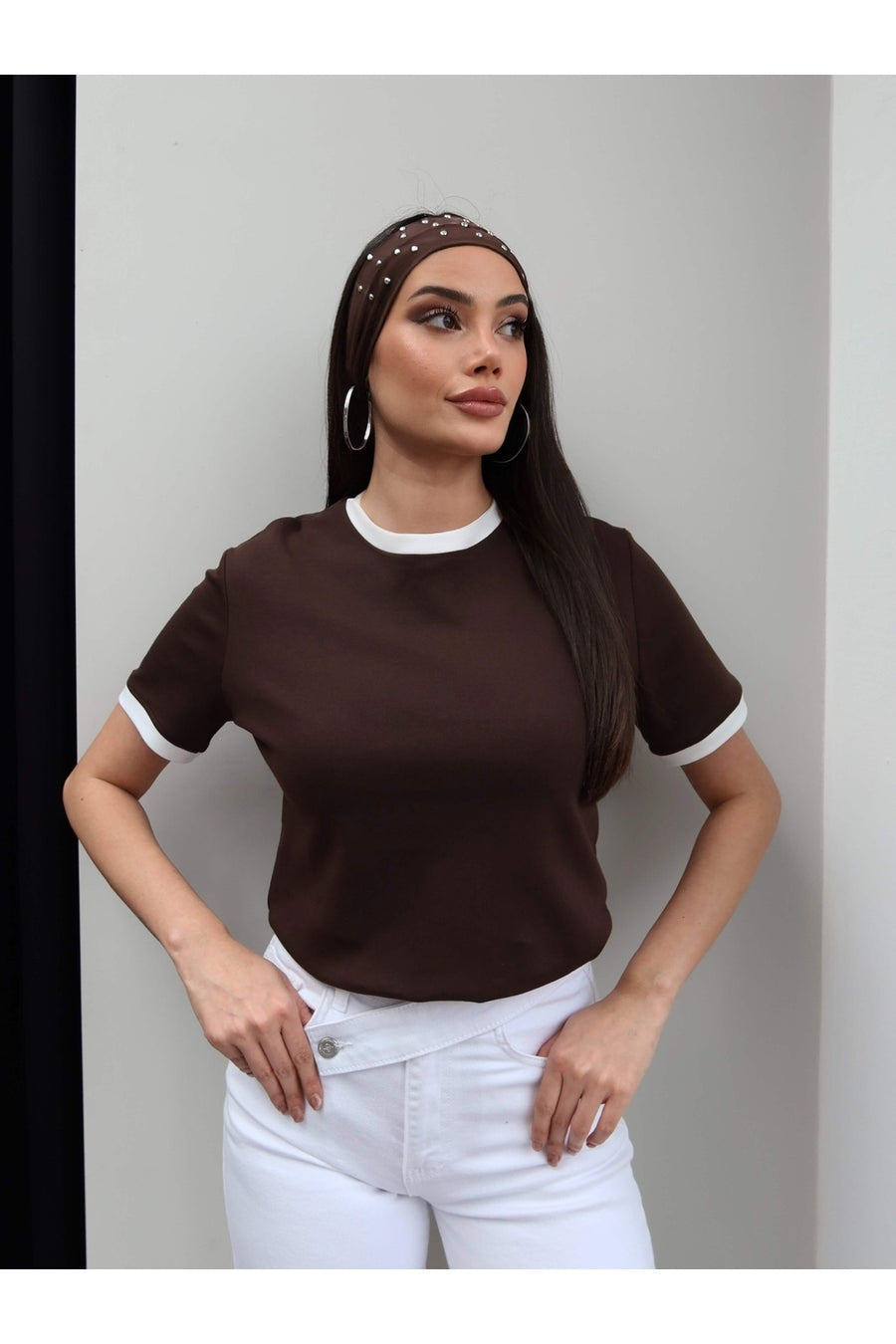 ESRAHELVACI Biyeli Bisiklet Yaka T-Shirt - Aci
