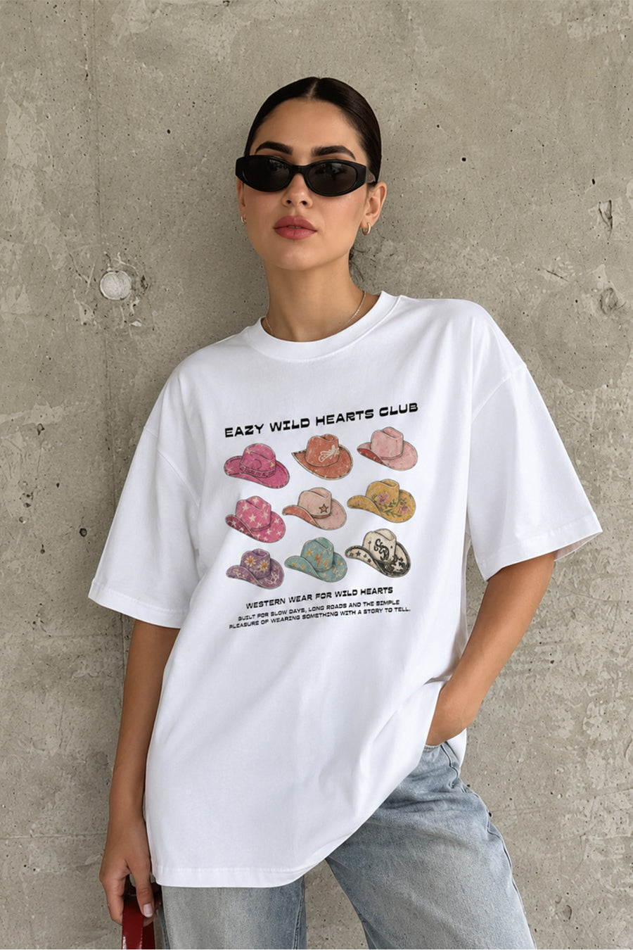 Eazy Co EAZY Unisex Oversize Tişört %100 Pamuk Beyaz Western Dept. Cowboy Baskılı T-Shirt - Kar-Beyaz