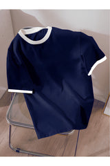 Revasser Unisex Erkek/Kadın Lacivert Beyaz Yaka Düz Oversize Pamuklu T-Shirt Tişört - Lacivert