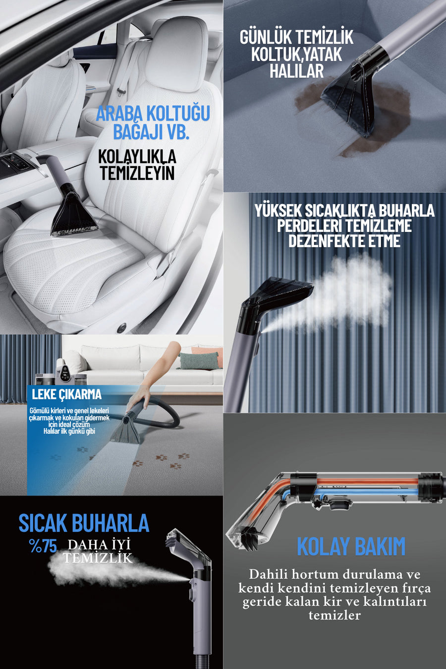 mogo tech MG-201 Premium - Sesli Komutlu Buharlı Temizlik Makinesi Mop Başlıklı Halı & Koltuk Yıkama Makinesi
