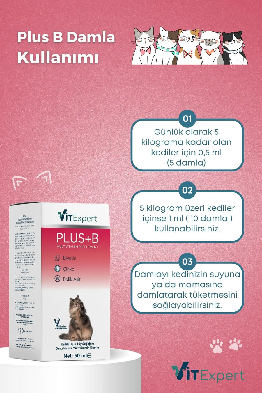 Vitexpert Hızlı Etkili Tüy Dökülmesi Önleyici Tüm Kediler İçin Plus B Biyotin Multivitamin Damlası 50 ml