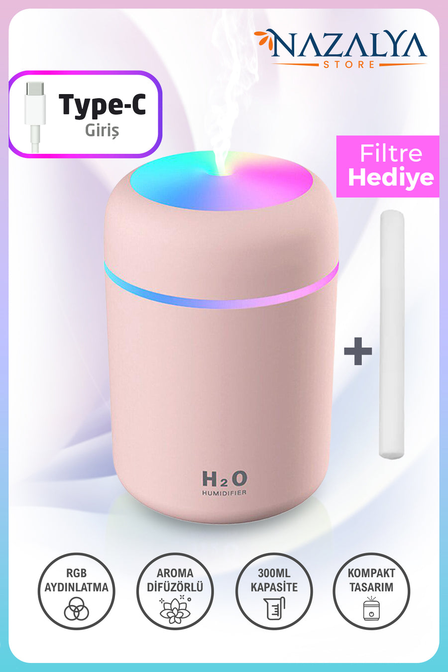 Nazalya 300 ml Ulrasonik Ledli Hava Nemlendirici Buhar Makinesi Ve Aroma Difüzörü