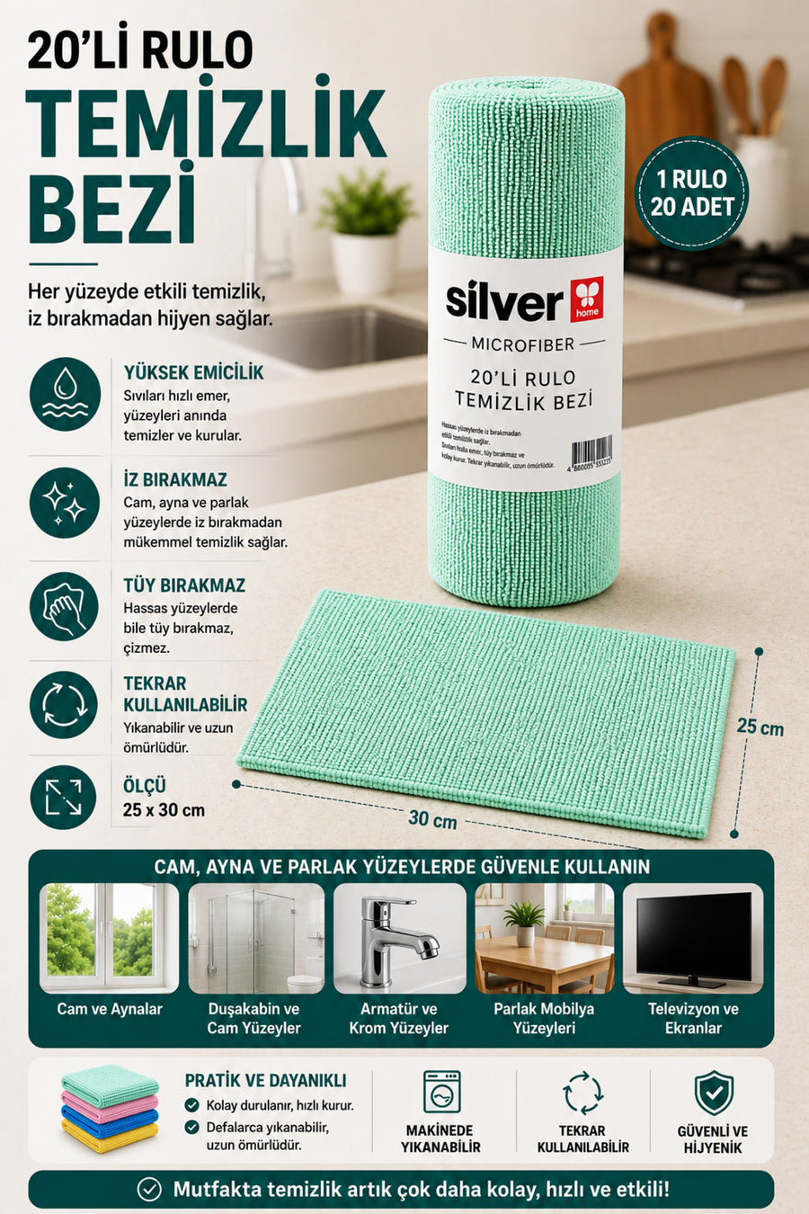 SİLVER HOME 20'li Rulo Mikrofiber Temizlik Bezi 25x30 cm Çok Amaçlı Kopart Kullan Kaliteli Eko Paket