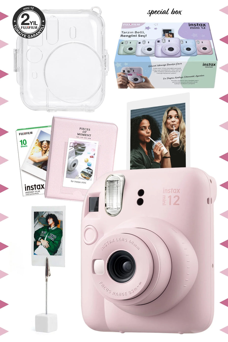 Fujifilm Instax Mini 12 Yeşil Fotoğraf Makinesi-10'lu Film-kıskaçlı Stand-pvc Albüm Ve Simli Pleksi Kılıf Set - Pembe