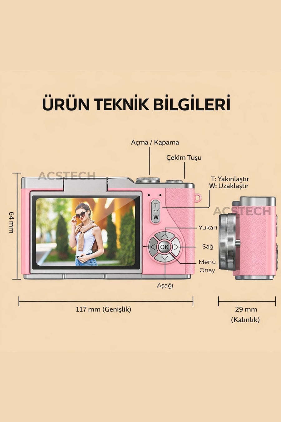 ACSTECH 4K Dijital Fotoğraf Makinesi 48MP Flip Ekran 18X Zoom Flaşlı 64GB Hediyeli Türkçe Menü - Pembe