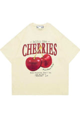 Elvino Red Cherries Baskılı Oversize Kadın/Erkek Unisex Beyaz Tshirt - Bej