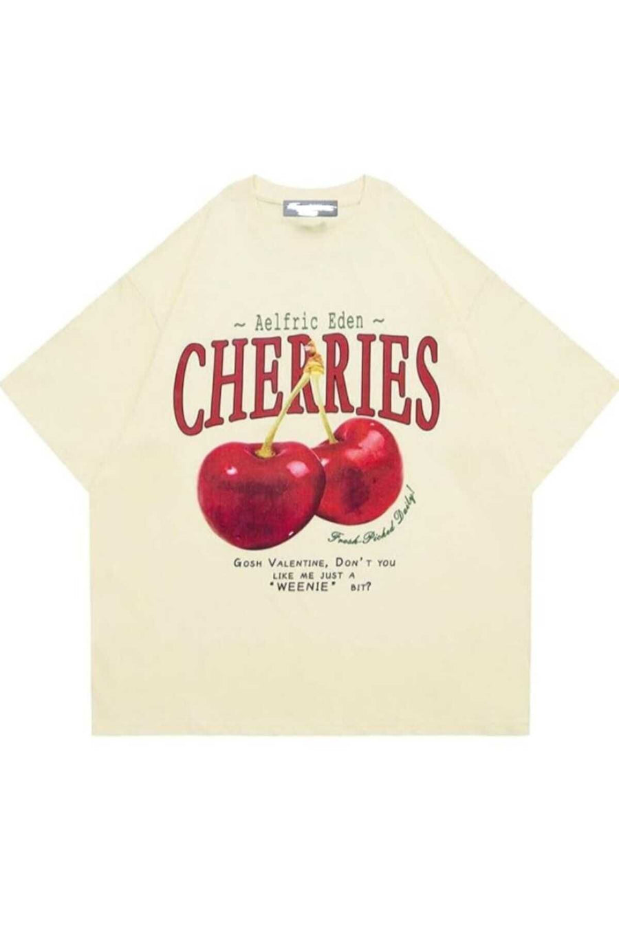 Elvino Red Cherries Baskılı Oversize Kadın/Erkek Unisex Beyaz Tshirt - Bej