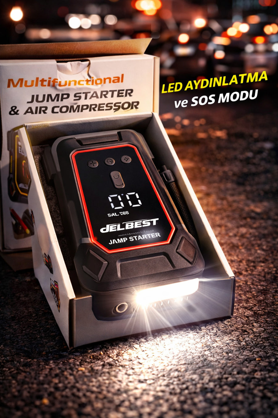 AZEQ DELBEST K5 Akü Takviye Cihazı Hava Kompresörü 16000mAh 150 PSI Jump Starter Powerbank 12V