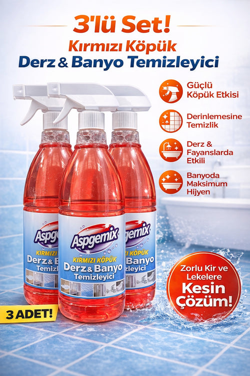 aspgemix Kırmızı Köpük Derz Banyo Fayans arası Temizleyici 1 Lt. X 3 Ad– Küf, Sararma ve Kireç Karşıtı Güçlü - Kırmızı
