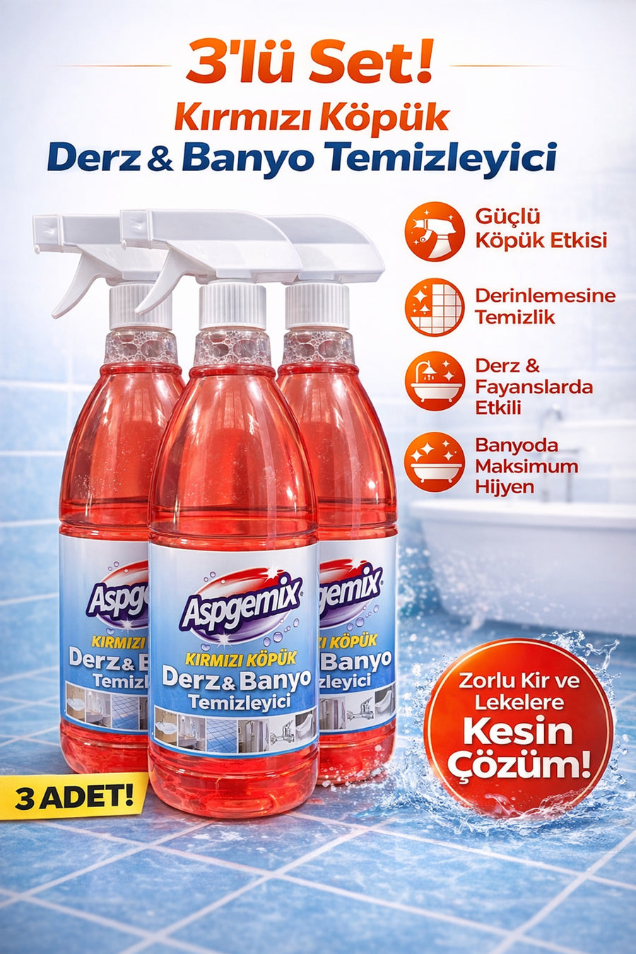 aspgemix Kırmızı Köpük Derz Banyo Fayans arası Temizleyici 1 Lt. X 3 Ad– Küf, Sararma ve Kireç Karşıtı Güçlü - Kırmızı