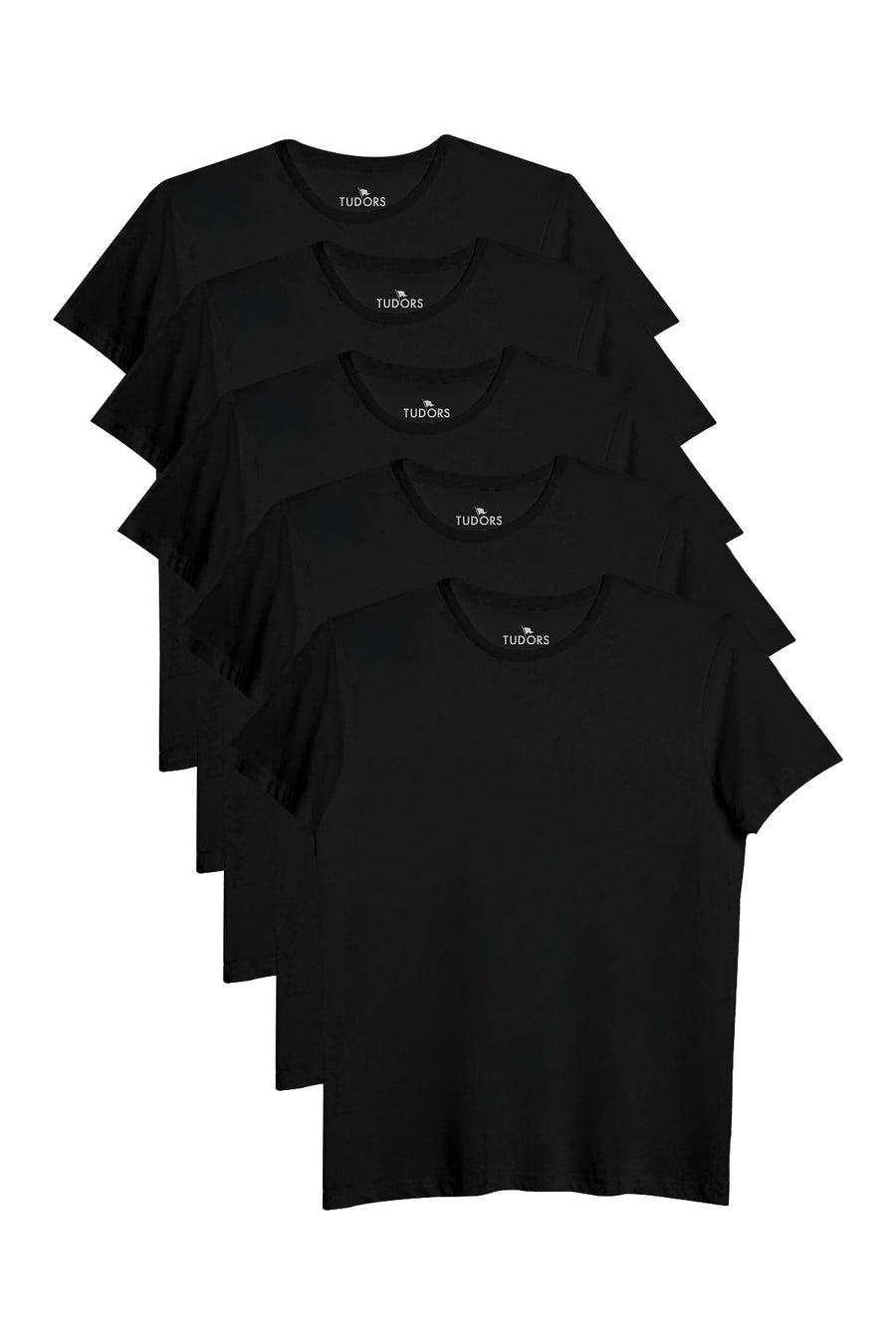 Tudors Unisex 5li Paket Lacivert-Haki-Bordo-Tarçın-Vizon Slim Fit Dar Kesim %100 Pamuk Bisiklet Yaka Tişört - Siyah