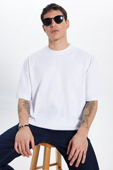 Tudors Unisex Oversize Geniş Kesim %100 Pamuk Yumuşak Dokulu Basic Bisiklet Yaka Beyaz Tişört - Siyah