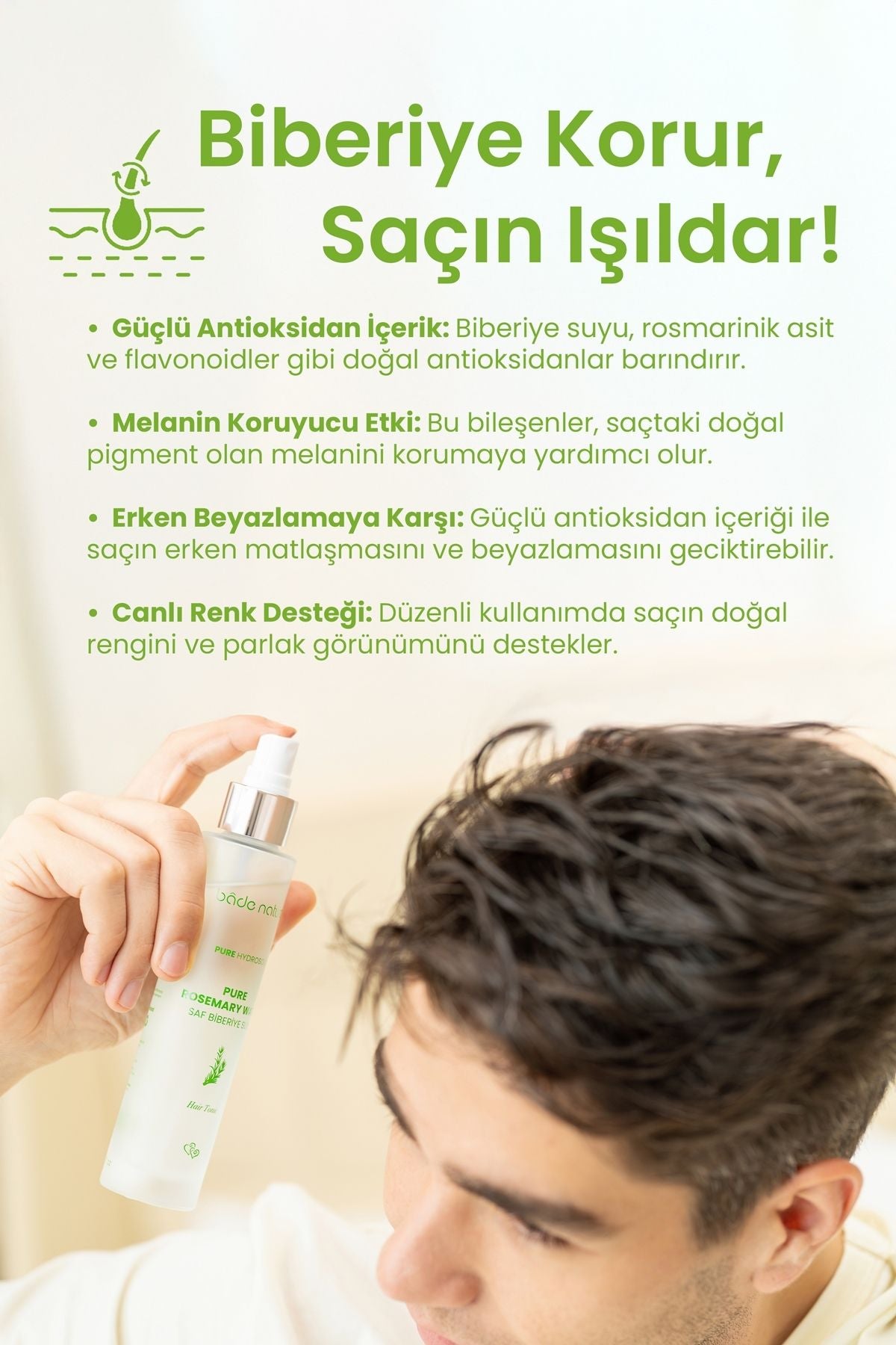 Bade Natural Biberiye Suyu Dökülme Karşıtı ve Saç Uzamasını Destekleyici Saç Toniği %Doğal ve Saf ml