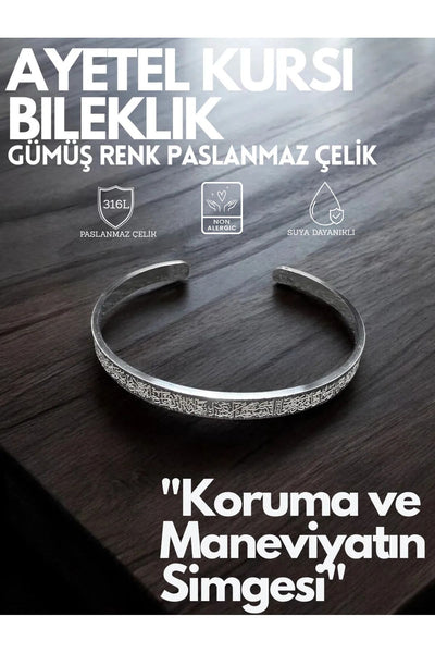 KT AKSESUAR Ayetel Kürsi Yazılı Bileklik Paslanmaz Çelik Ayarlanabilir Erkek/Kadın Bileklik