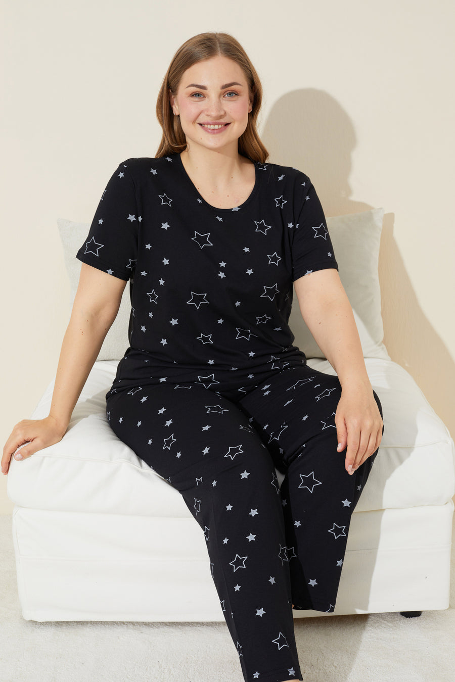 Siyah İnci Kırmızı Curve Büyük Beden Battal Boy Kısa Kollu Pamuklu Pijama Takımı - Antrasit