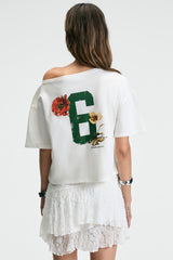 GRIMELANGE QALY Kadın Kayık Yaka Tek Omuz Kısa Kol Ön Ve Arka Baskı Detaylı Relaxed Ekru T-Shirt - Ekru
