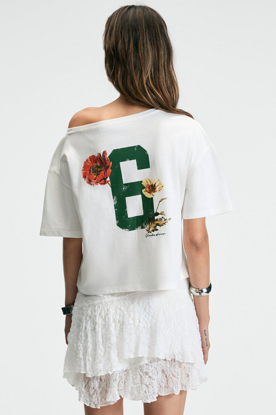 GRIMELANGE QALY Kadın Kayık Yaka Tek Omuz Kısa Kol Ön Ve Arka Baskı Detaylı Relaxed Ekru T-Shirt - Ekru