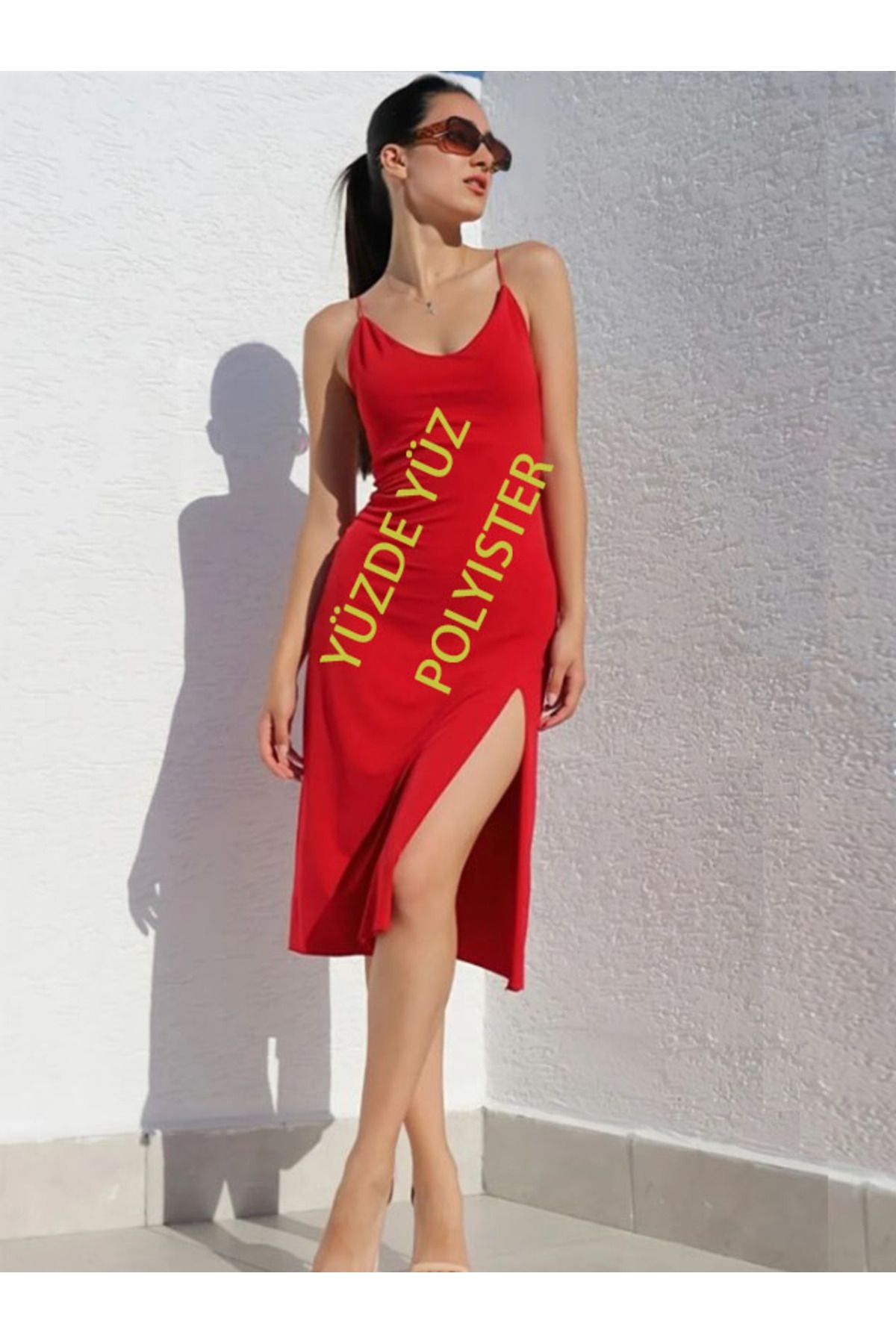 AŞAR MODA TEKSTİL Kadın Kırmızı Sırt Dekolte Yırtmaçlı Gecelik Elbise