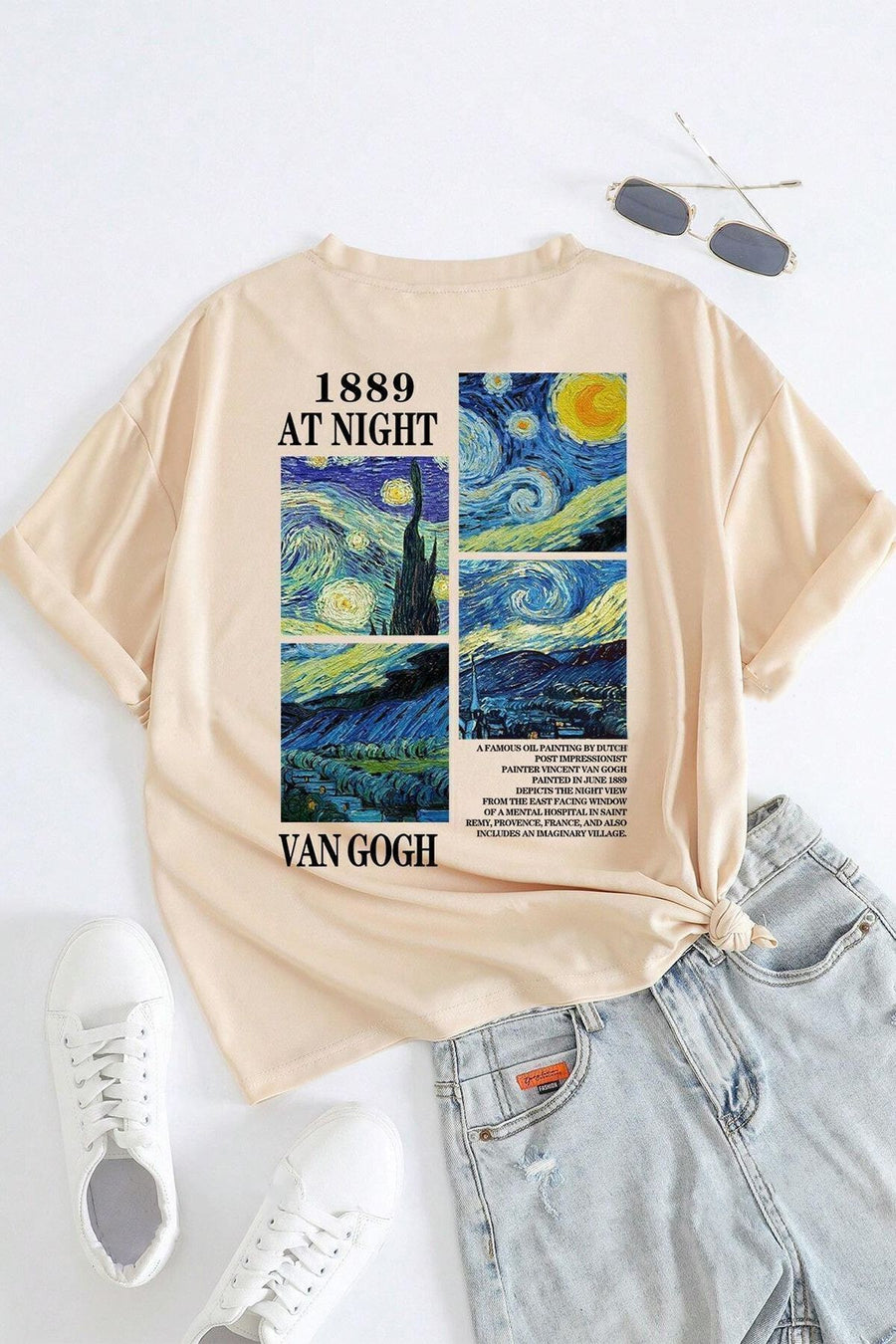uyguntarz Unisex Van Gogh Baskılı Oversize Tshirt - Bej