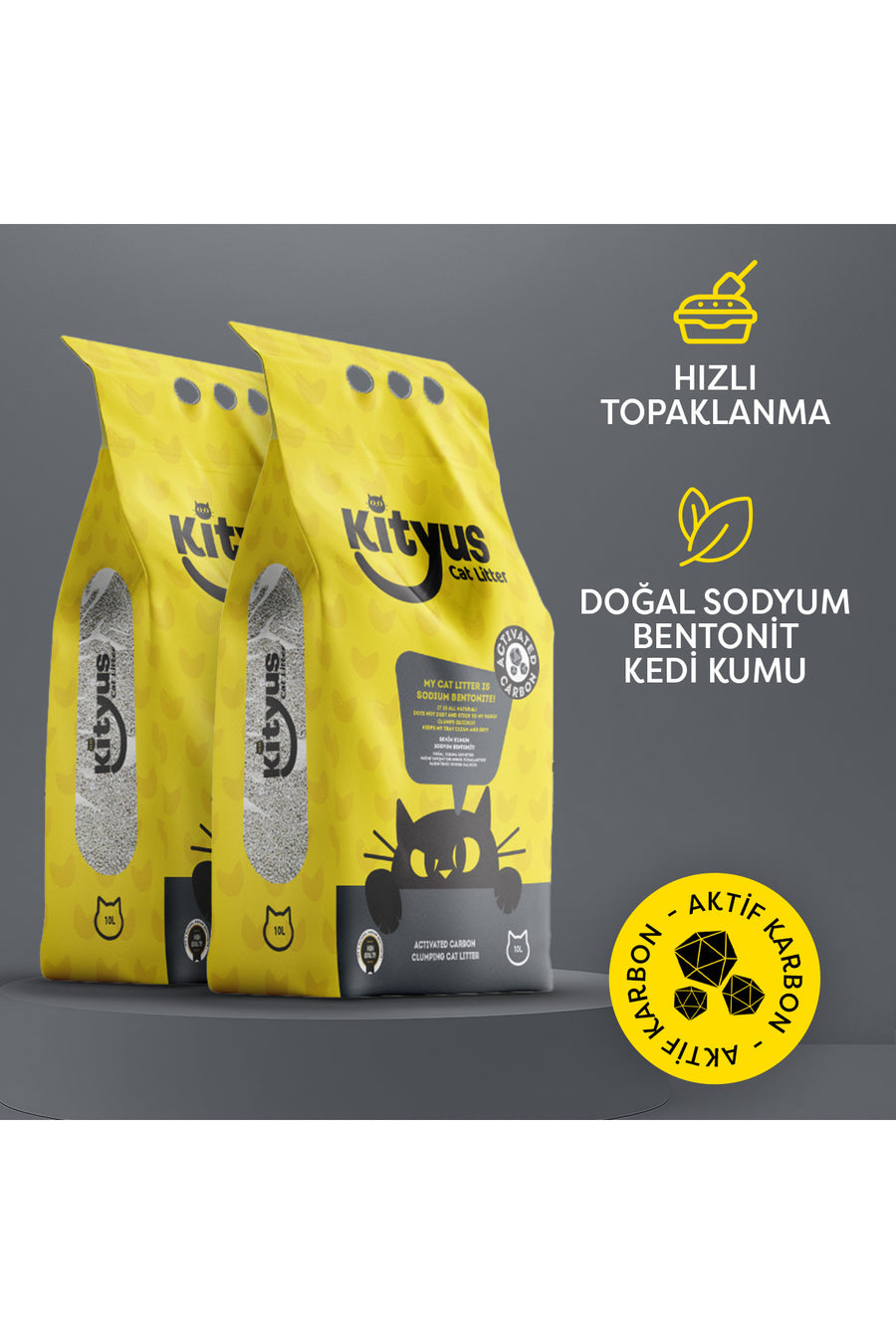 Kityus 2li Avantaj Paketi Ekstra Topaklanan, İnce Taneli, Tozsuz, Aktif Karbonlu Bentonit Kedi Kumu 2x10lt
