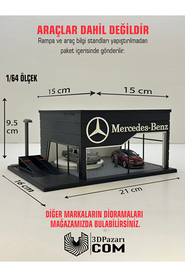 Butik 3D Baskı 1/64 Ölçekli Mercedes Showroom Tasarımlı Diorama Araç Sergileme Garajı