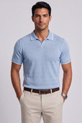 viyamen Erkek Triko Kumaş Yakalı Düğmesiz Açık Yaka Fitilli Kısa Kollu Regular Fit Tişört T-shirt - - Nane