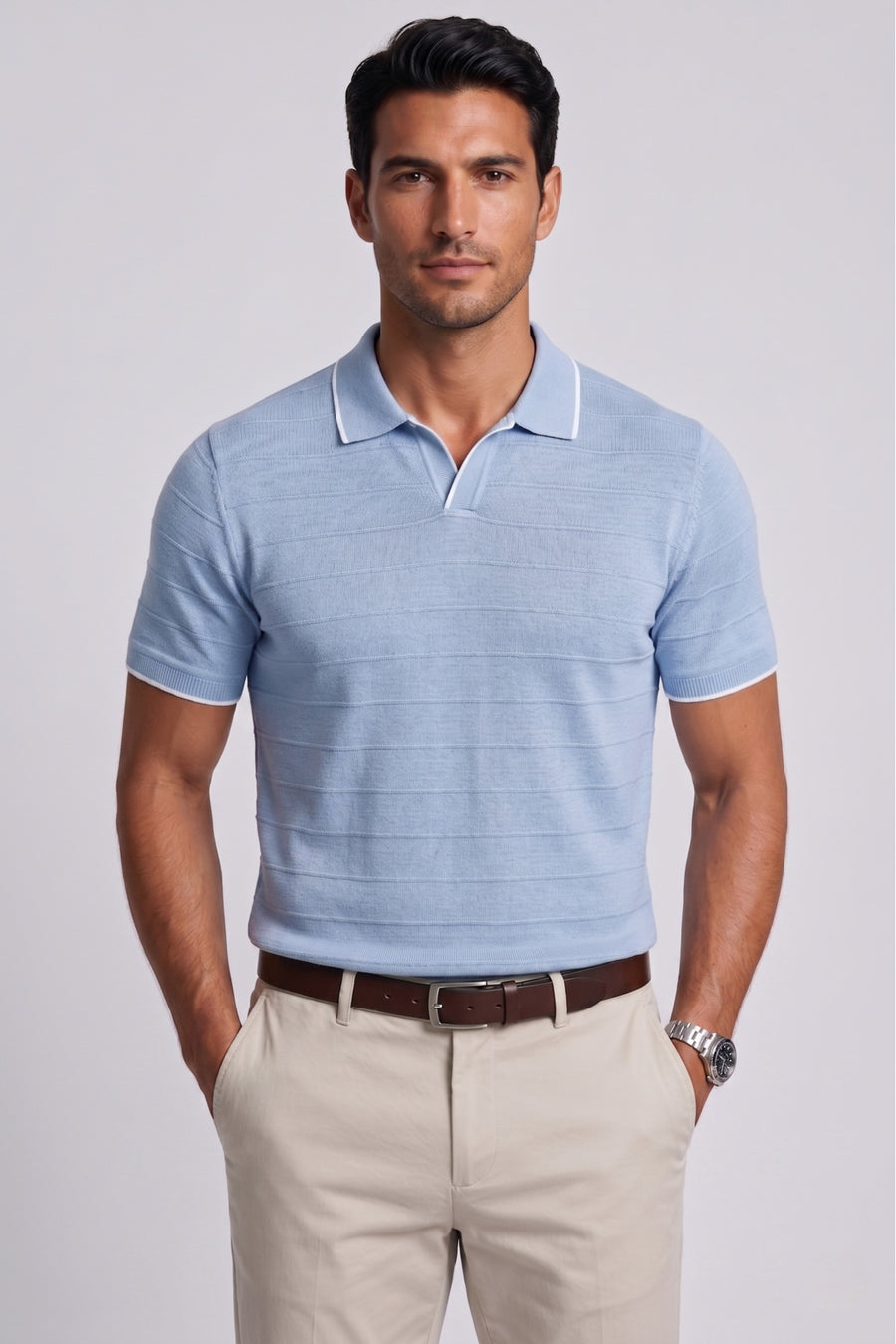 viyamen Erkek Triko Kumaş Yakalı Düğmesiz Açık Yaka Fitilli Kısa Kollu Regular Fit Tişört T-shirt - - Nane