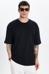 Tudors Unisex Oversize Geniş Kesim %100 Pamuk Yumuşak Dokulu Basic Bisiklet Yaka Beyaz Tişört - Lacivert