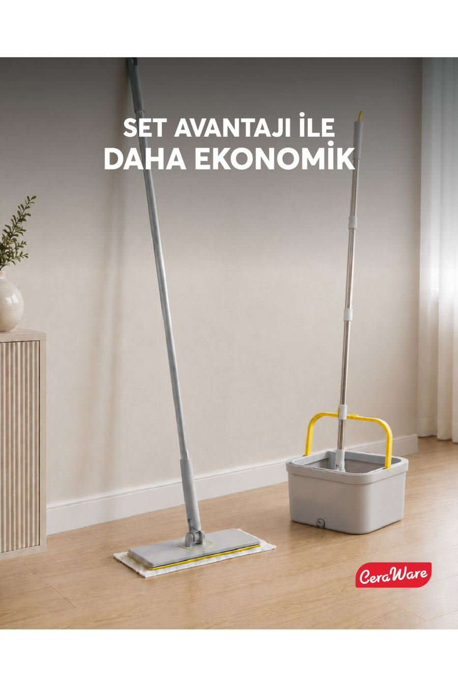 Ceraware Home Care Premium Hijyen Seti Dual System Kare Mop Pratica Click Mop 2 Mikrofiber Bez