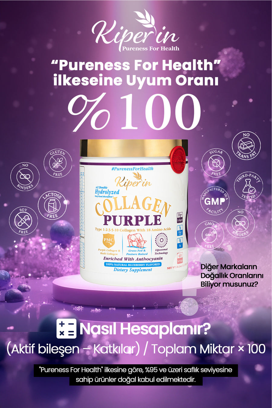 Kiperin %100 Saf ve Doğal Mor & Çoklu Kolajen Peptitleri içeren Lipozomal Teknoloji Diyet Takviyesi (576gr)